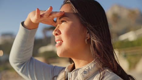 travel, view and face of woman at beach