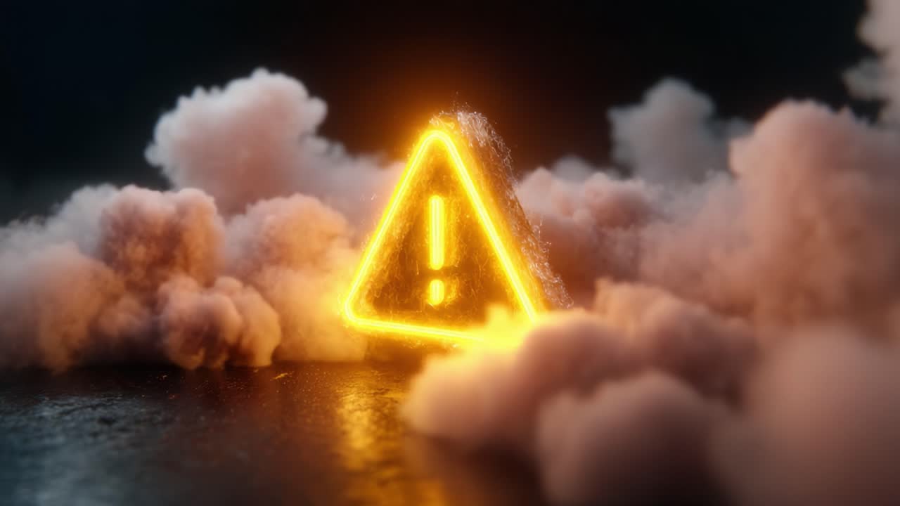 Illuminated Warning Sign Surrounded by Dramatic Fog and Lighting Effects, Emphasizing Caution in a Visually Striking Fashion