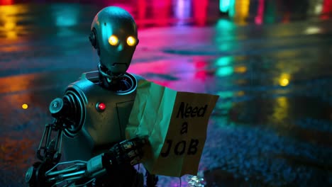 robot buscando trabajo en una ciudad de neón por la noche