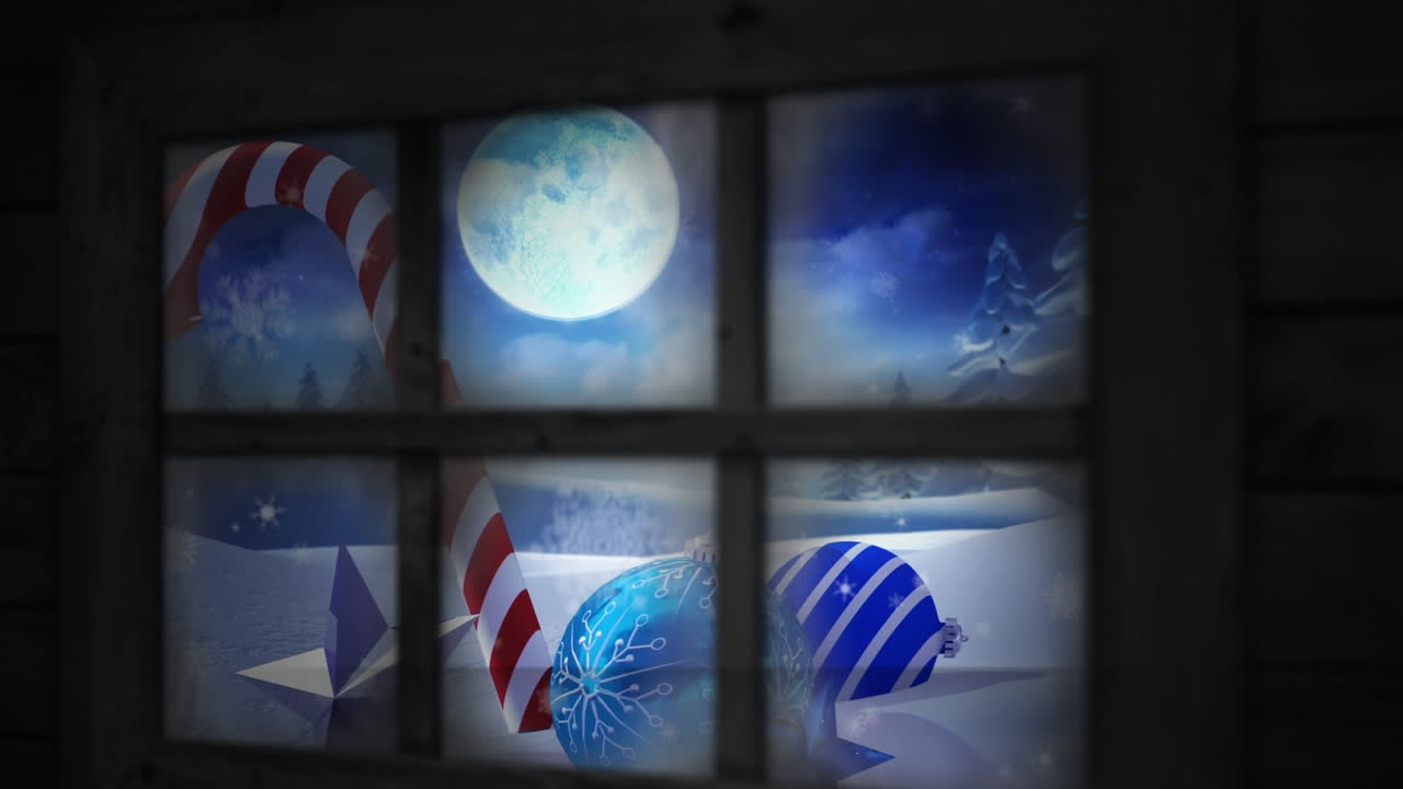 marco de la ventana contra la nieve que cae sobre la caña de azúcar, adornos de joyas y estrellas en el paisaje de invierno