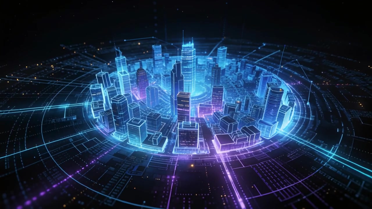 Sequence starting rotating view showing wireframe towers, tall tower on lit ring