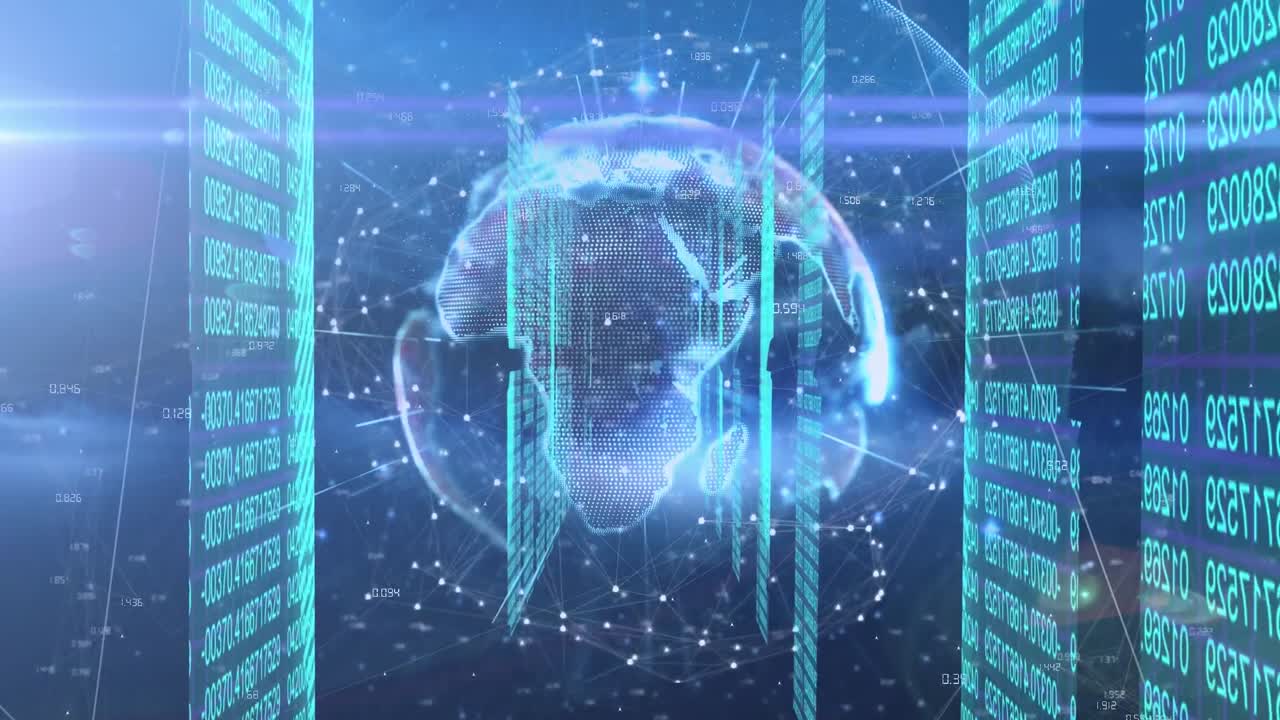 animación del procesamiento de datos y globo sobre fondo azul