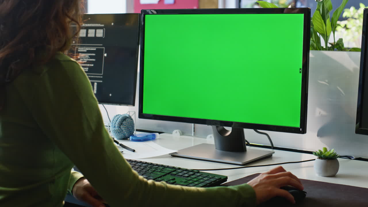 Employee watching greenscreen computer workplace closeup. Businesswoman working