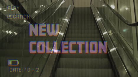 animation of new collection text on video camera screen with digital interface and escalator