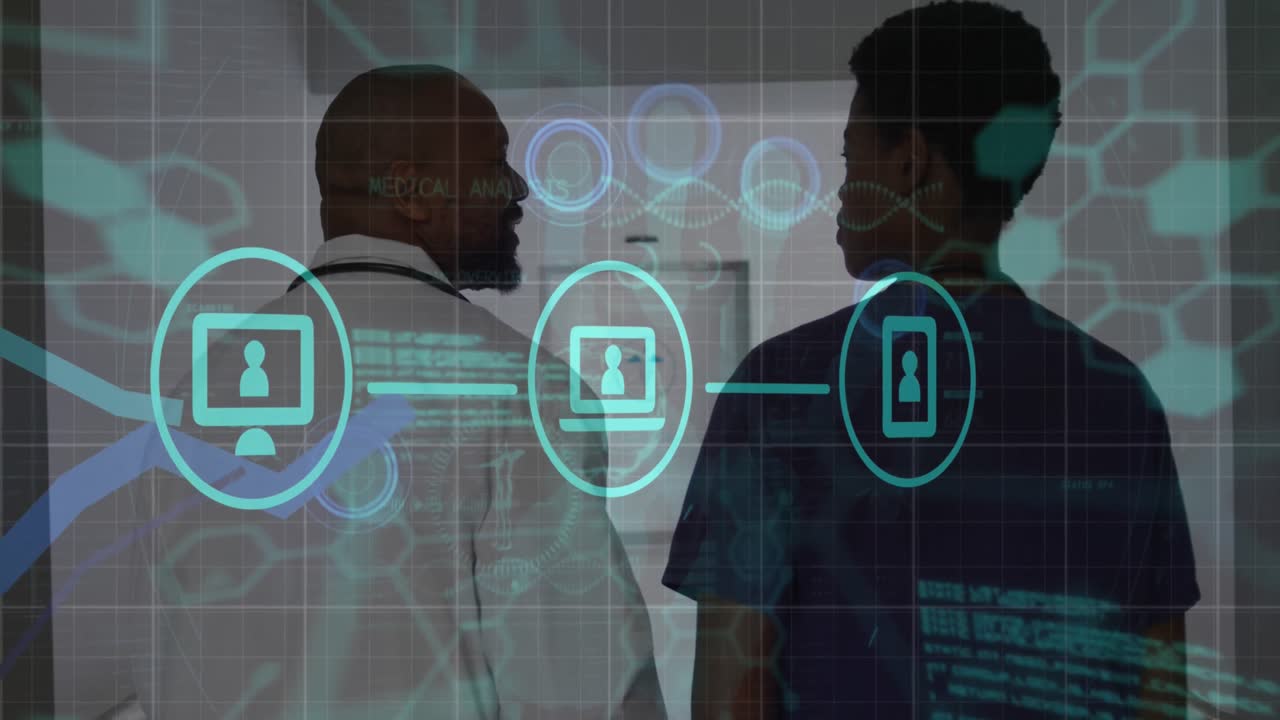 Animation of media icons and medical data over african american female and male doctor talking