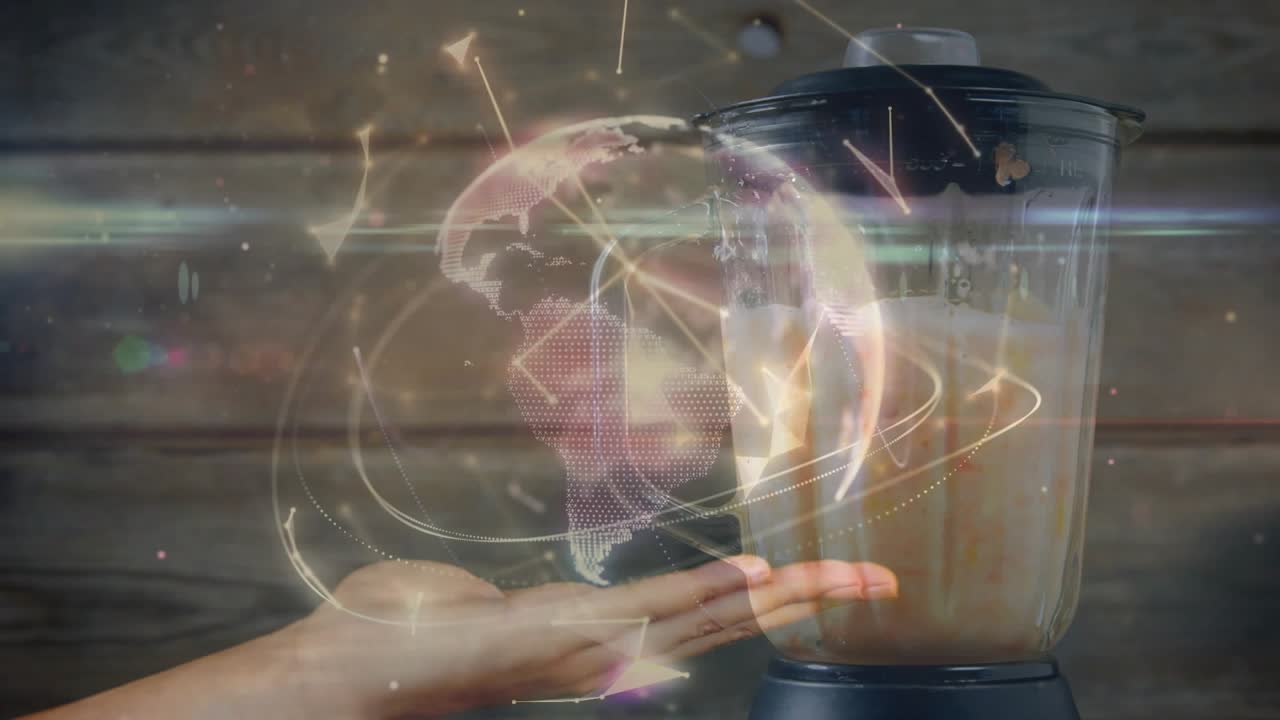 Network drifting, dotted globe forming above blender jar, hand rising, holding, showing smart data