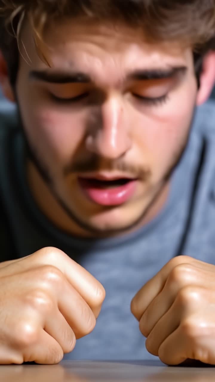 Un giovane uomo appoggia la testa sulla scrivania, occhi chiusi. Le mani serrate, il viso mostra stanchezza o stress. Appare esausto, forse dopo un lungo periodo di lavoro o studio. Ideale per scene di affaticamento e pressione.