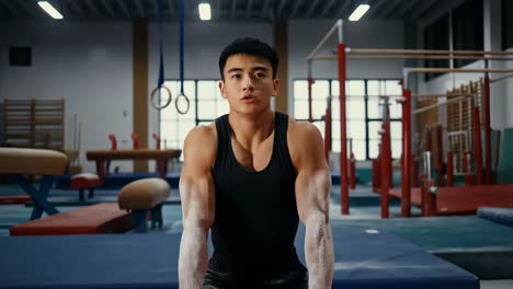young male gymnast preparing for training in a gym