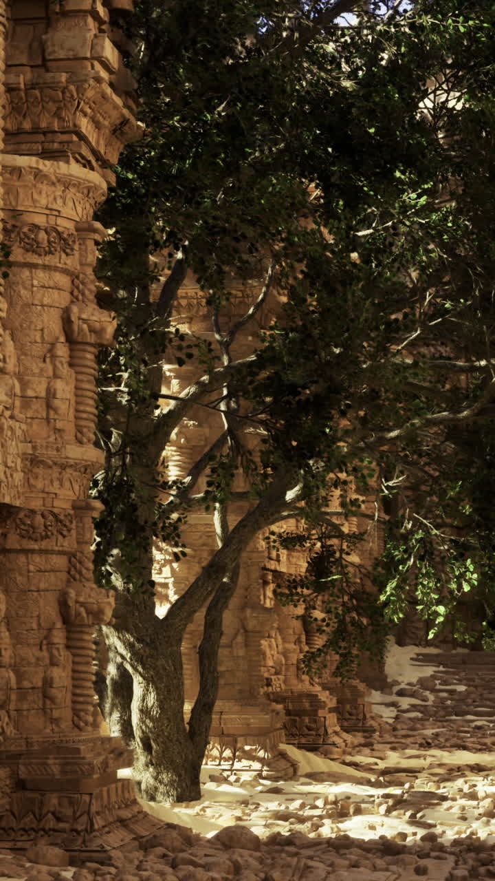 Ancient temple ruins reveal intricate carvings and natural beauty at sunset