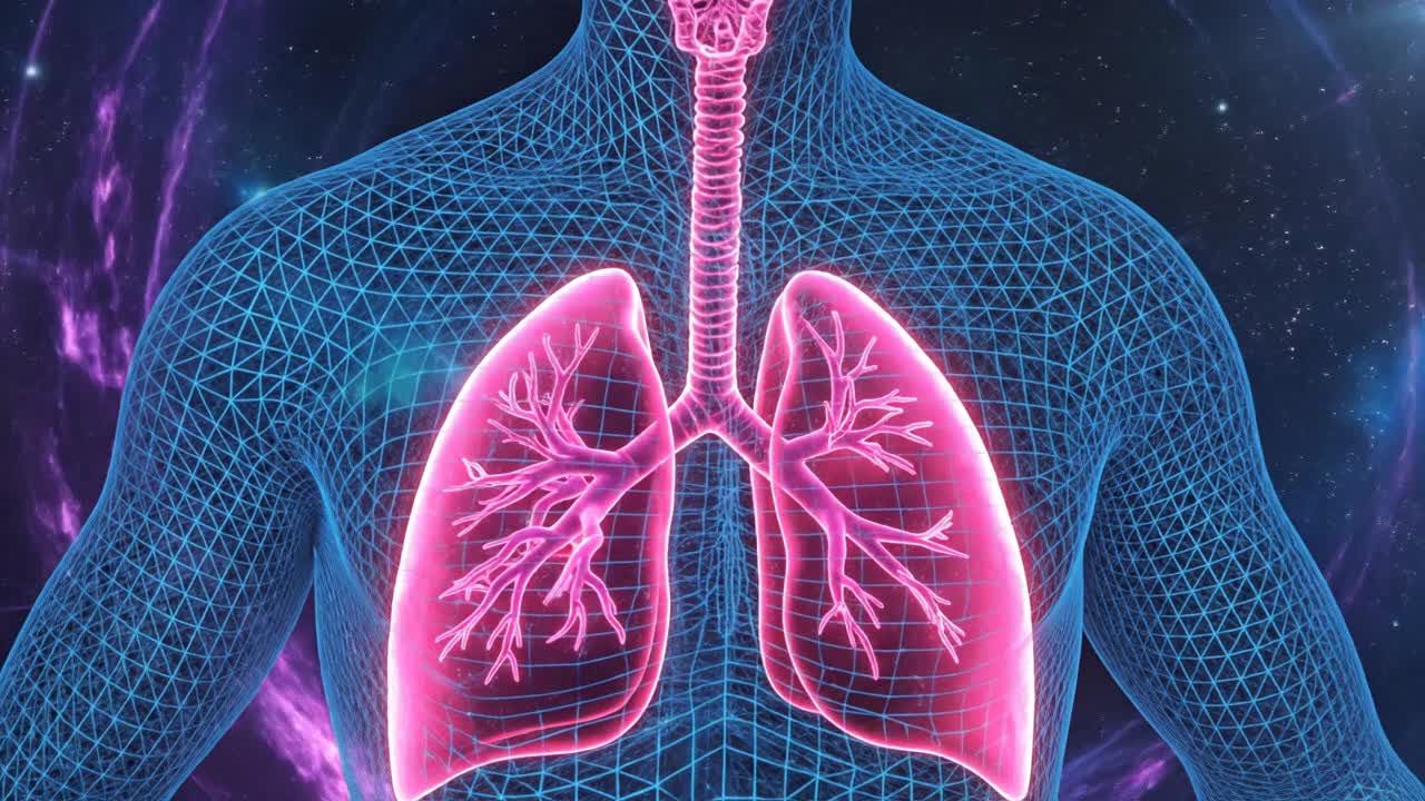 Wireframe human figure with glowing lungs set against cosmic background illustrating respiration and life energy concept