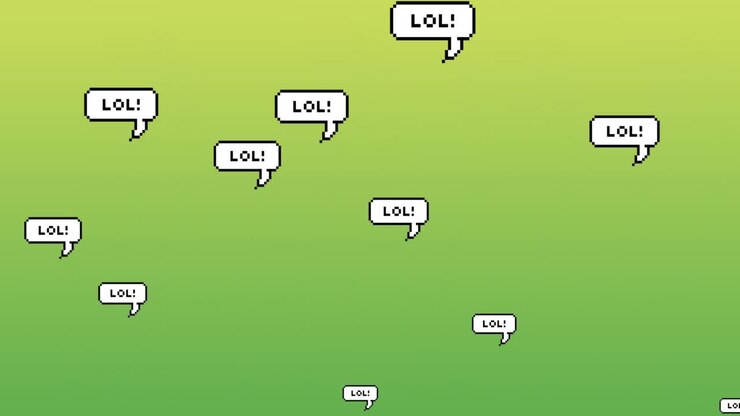 Text 'Lol' na komiksových bublinách plovoucích na zeleném pozadí