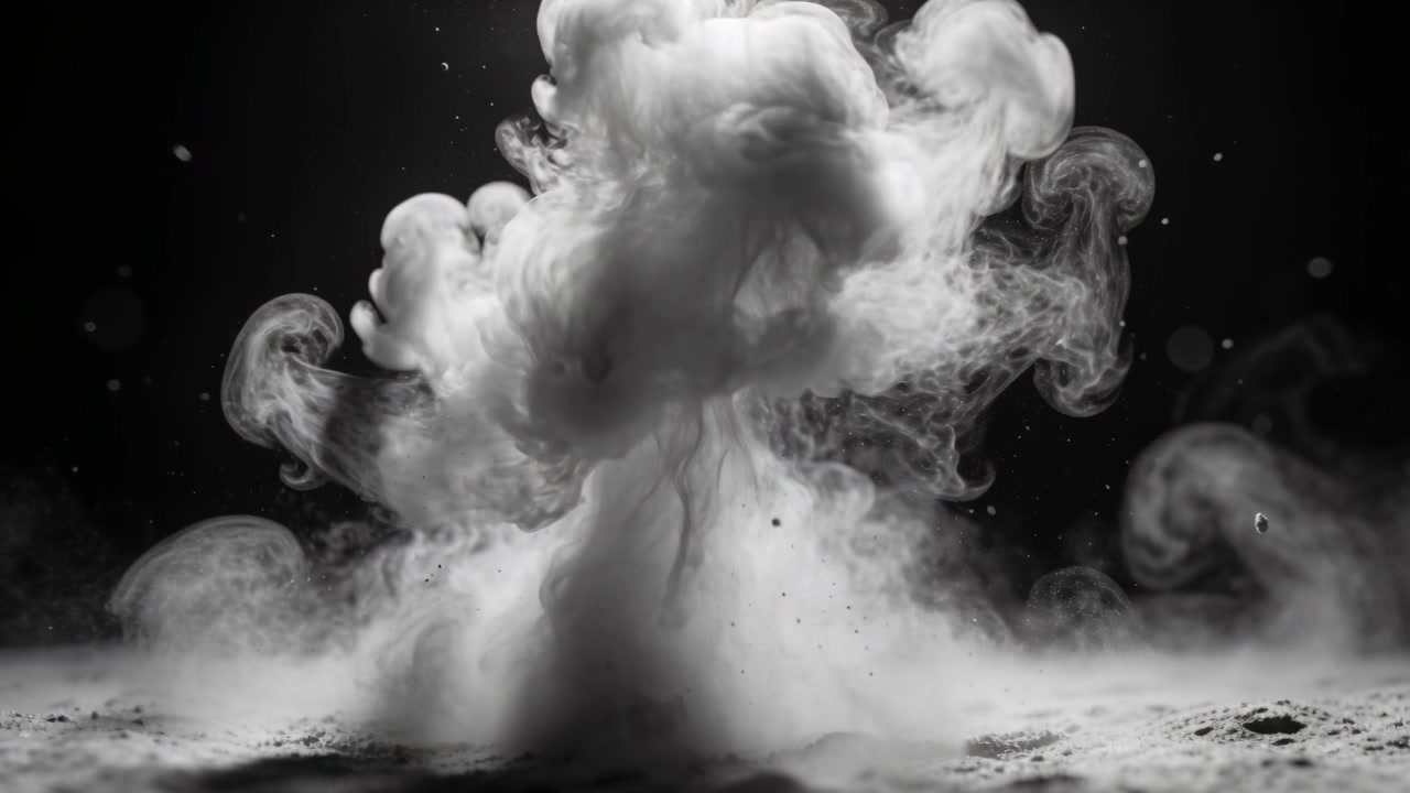 Erupting from granular surface, dense white plume rising and expanding in studio with tendrils
