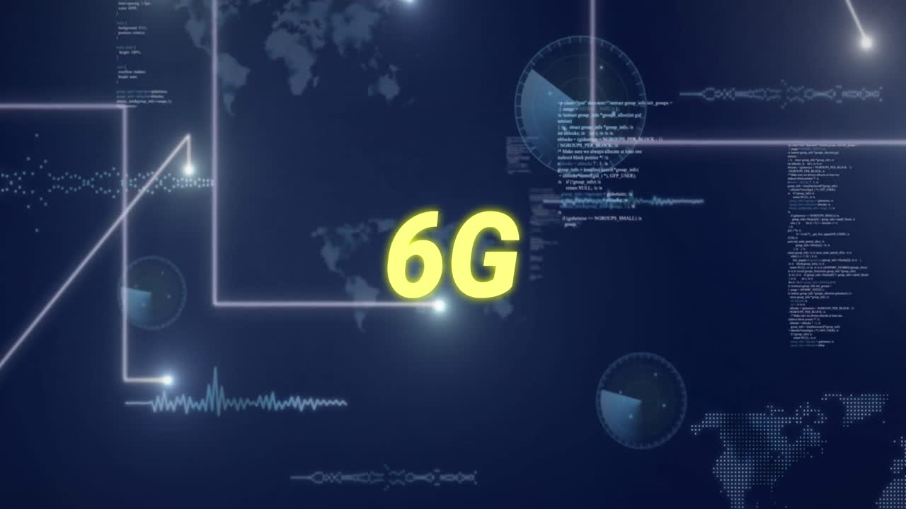 animación de texto 6g, mapa del mundo y procesamiento de datos por computadora.