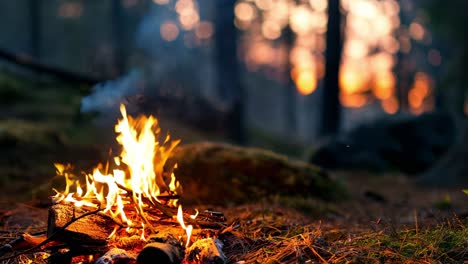 Vibrant campfire burning brightly among forest trees during golden sunset, casting warm orange and red glows across tranquil wilderness landscape