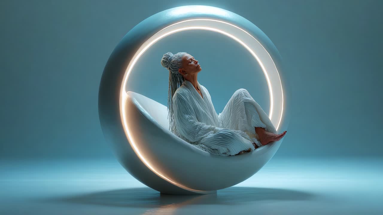A Modern Serenity: Captivating Female in a Futuristic Pod Embracing Calmness and Reflection Under Soft Ambient Lighting