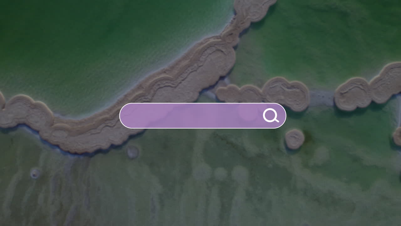 As The Airplane Glides Actss a Clean Backgound, A SEARCH BAR APEARS While Overhead Visuals of Massive Dead Sal Lumps Unfold Below, Ready for Your Destination Input