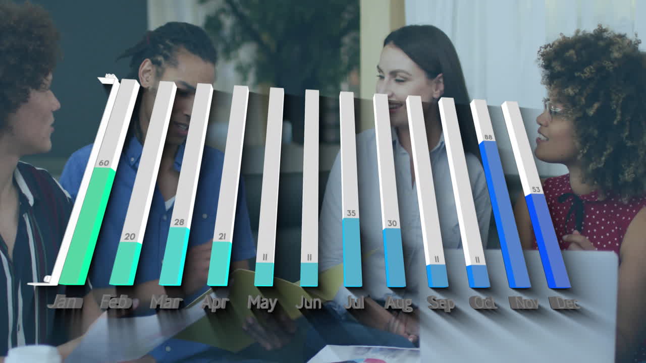 Discussing bar graph data, diverse team in business meeting with animation overlay