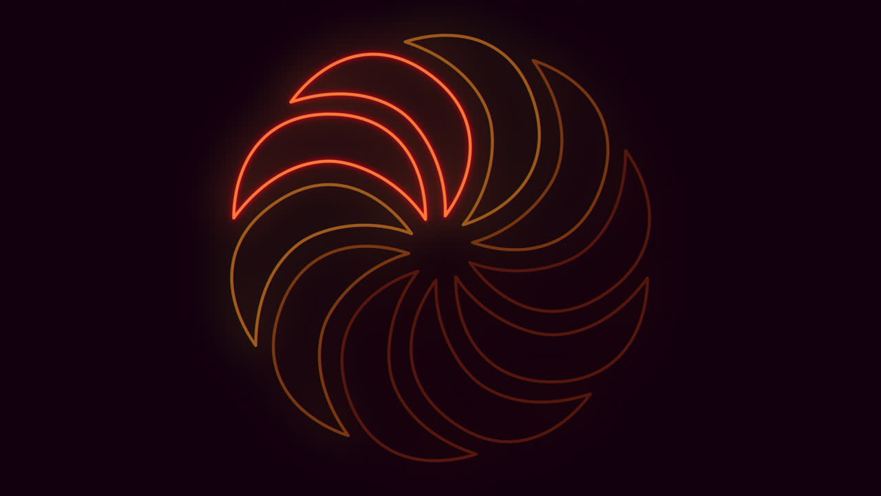 Abstract neon spiral turbine or pinwheel symbol glowing in red and orange, rotating on a dark background with soft haze, futuristic energy and technology concept