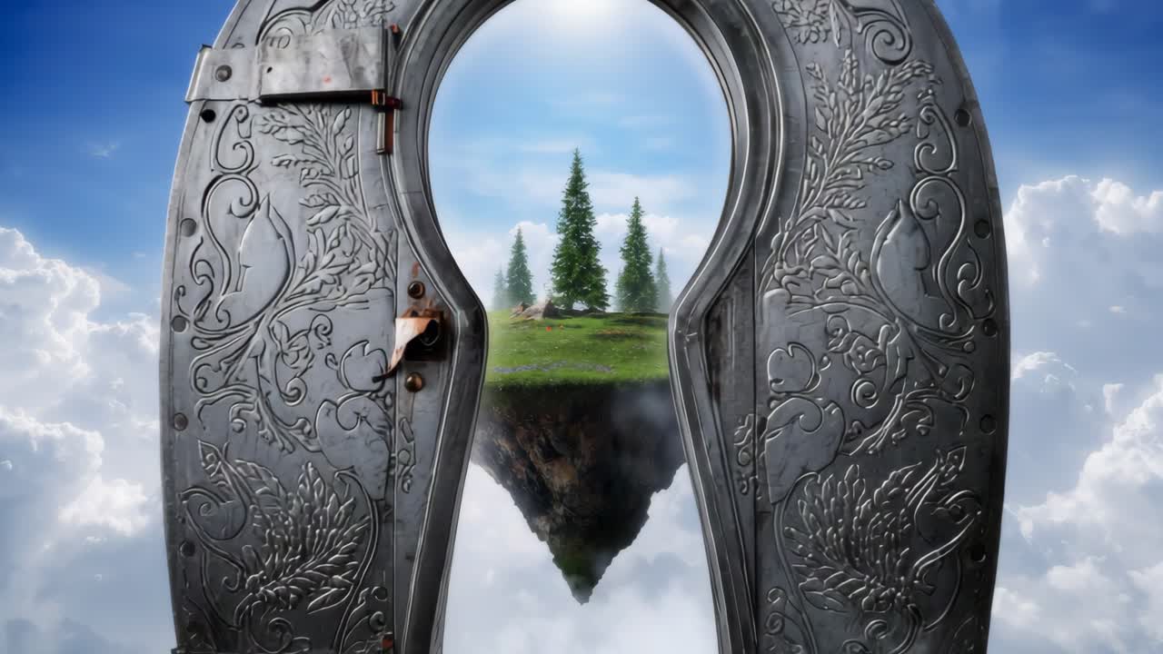 A surreal fantasy landscape seen through a keyhole