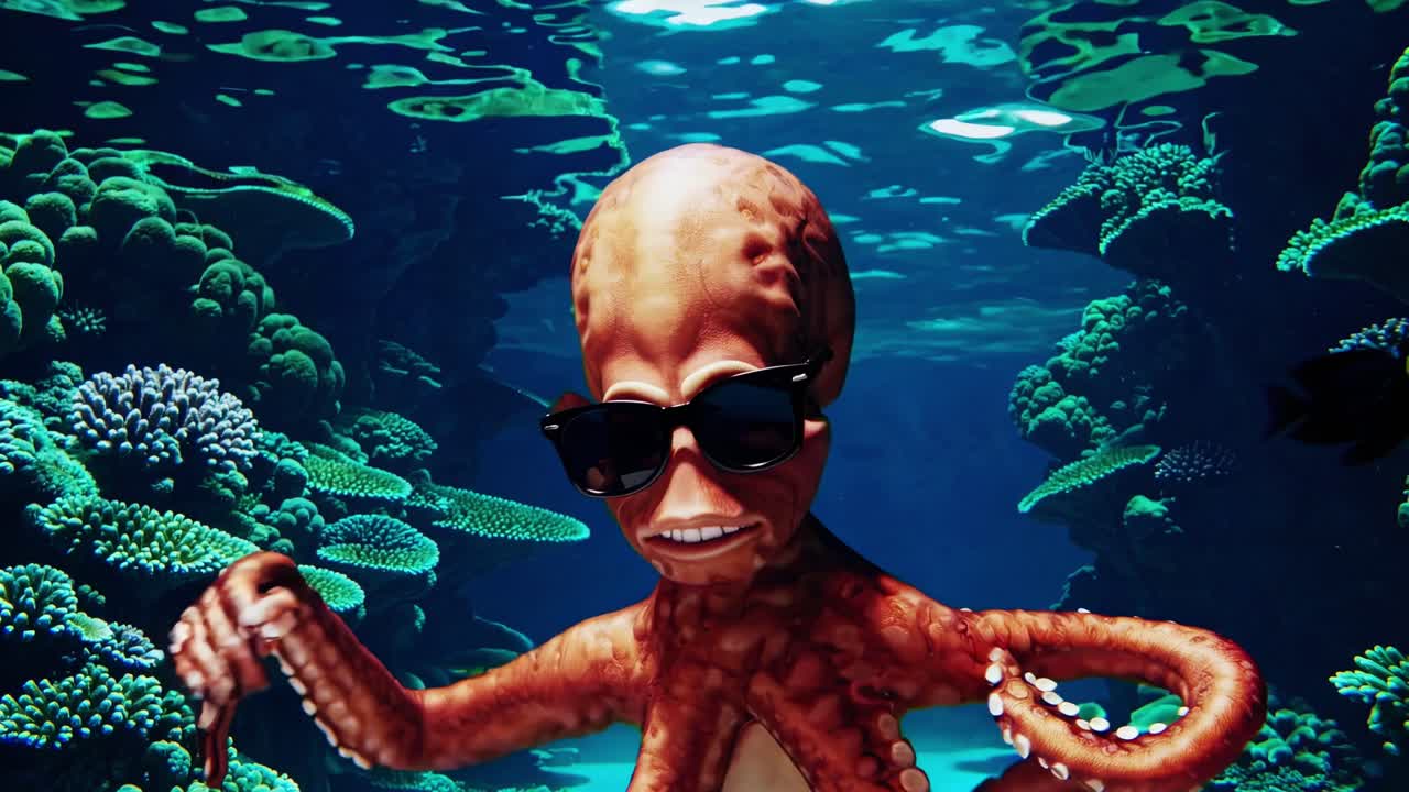 물 에서 선글라스를 입은 웃긴 문어