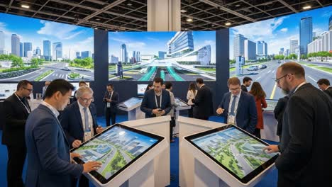 innovative urban planning event: engaged participants interacting with interactive displays showcasing advanced city development concepts and infrastructure solutions