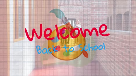 Text-„Willkommen-Zurück-In-Der-Schule“-Gegen-Schüler,-Die-Den-Flur-Betreten