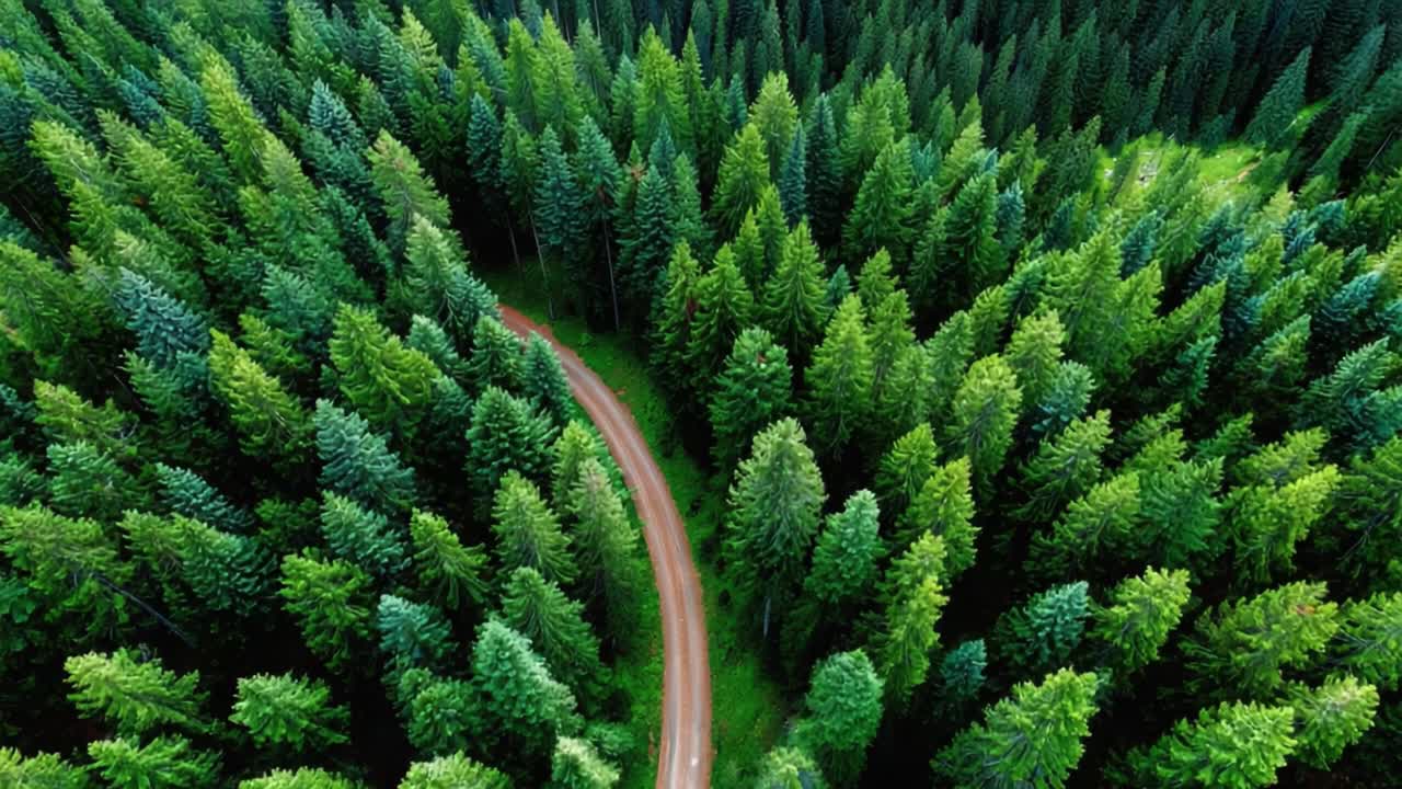 Aerial View Over a Serene Forest Landscape: Lush Green Trees Surrounding a Meandering Dirt Road Glimpsed from Above, Showcasing Nature's Tranquility and Beauty