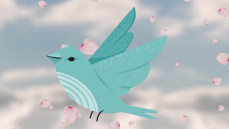 animación del icono del pájaro sobre los pétalos que caen