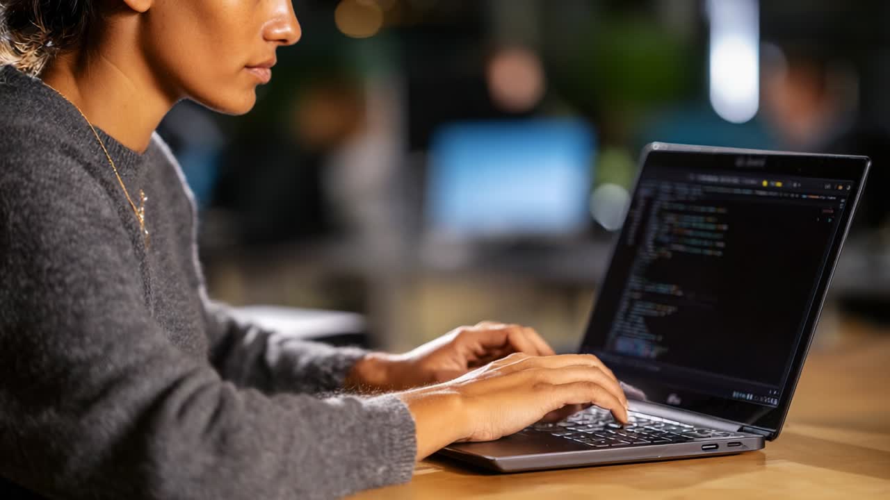 Focused Individual Engaged in Coding or Programming on a Laptop, Highlighting the Use of Technology in Contemporary Workspaces, with a Softly Lit Environment that Promotes Concentration and Productivity