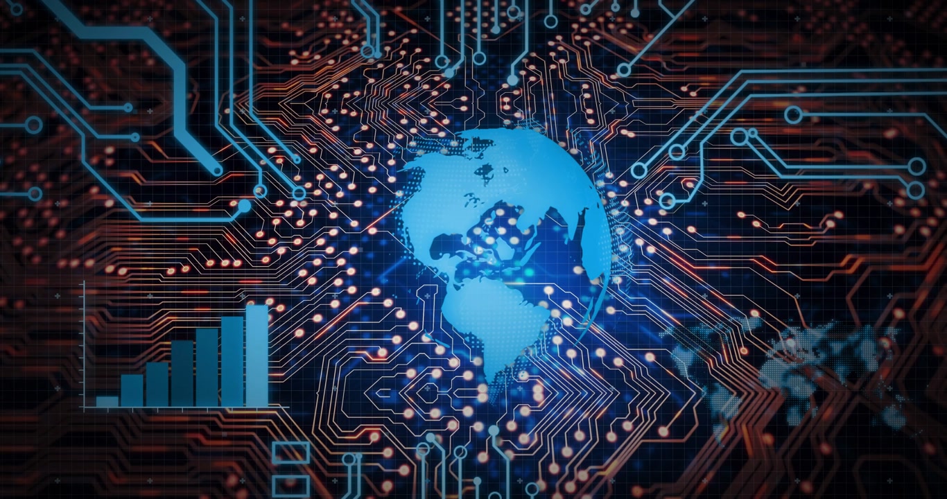 Node pads pulsing initiating globe rotating, aligning with hex chip, bars filling, showing flow