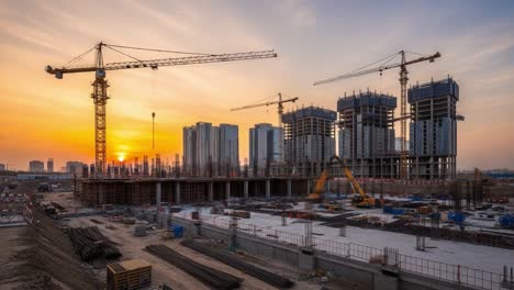 large construction site with cranes at sunset