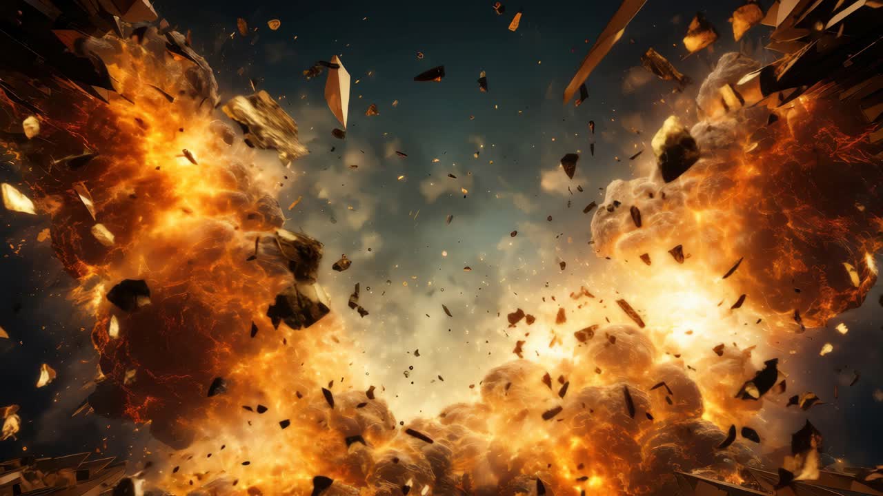 Dynamic explosion video scene with fiery debris captured from a low-angle perspective