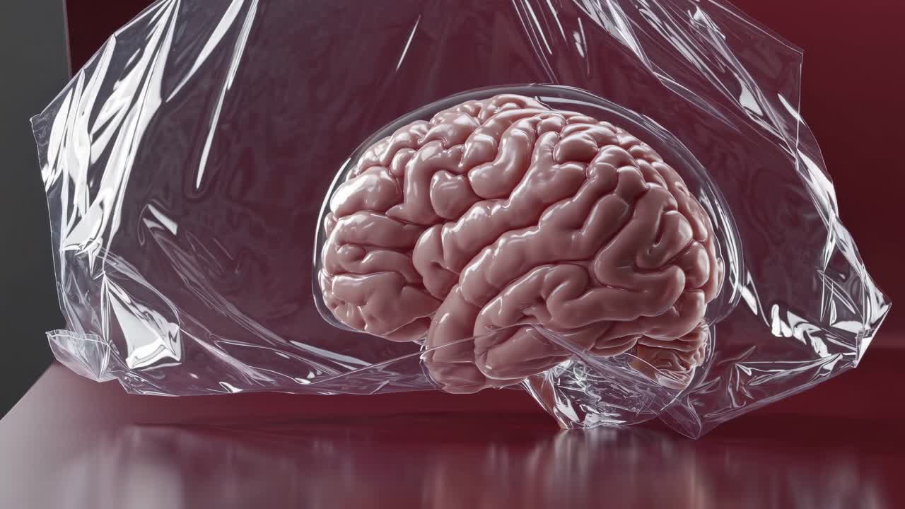 Realistic human brain wrapped in plastic, resting on a reflective surface, symbolizing struggles with mental health issues like anxiety and depression, conveying suffocation and isolation