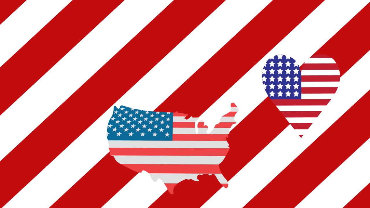 Animation of america map and heart with usa flags over red and white striped background
