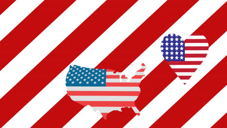 animation of america map and heart with usa flags over red and white striped background