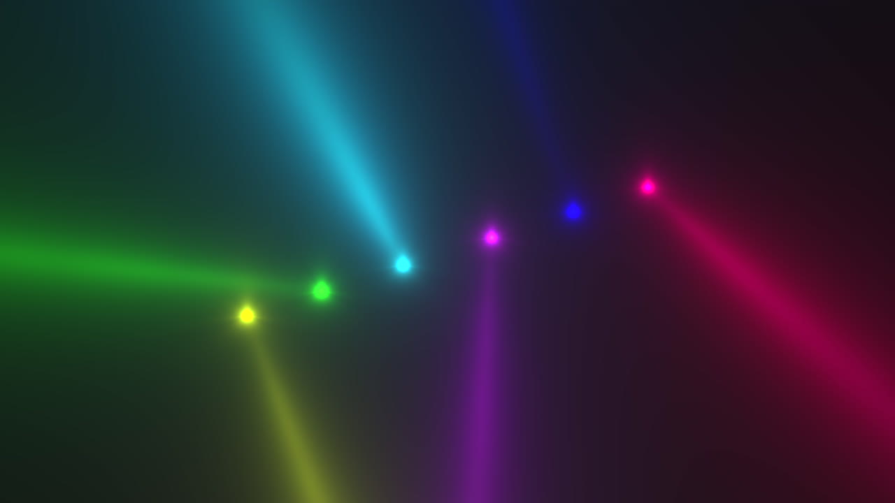 Animation motion colorful glowing spotlight beams on dark background in stage 4