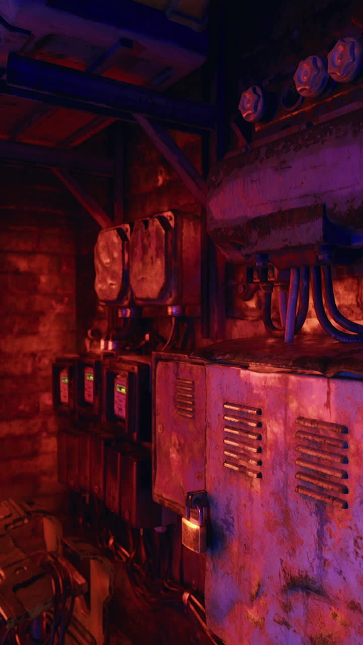 Khám phá hành lang công nghiệp thiếu sáng với hiệu ứng ánh sáng neon sống động