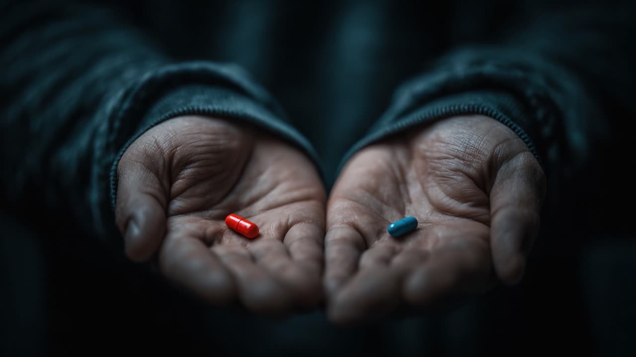 Una scelta tra due capsule distinte: un primo piano di mani che tengono una pillola rossa e blu, a simboleggiare dilemmi, decisioni e cambiamenti di paradigma.