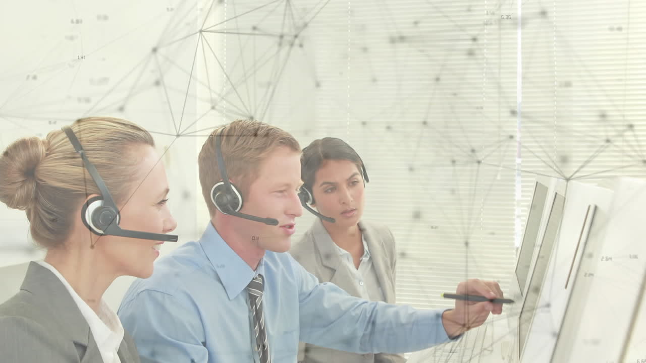 전화 헤드 ⁇ 을 사용하는 비즈니스 사람들을 통해 연결 네트워크의 애니메이션