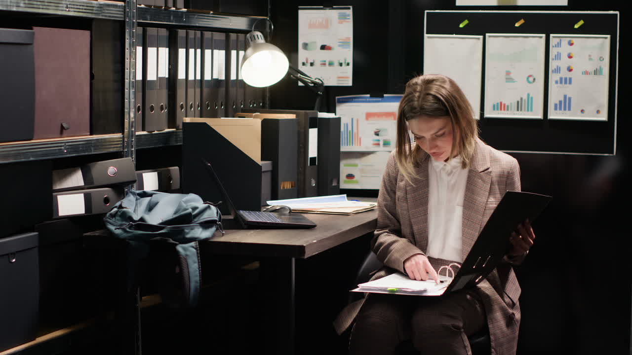 Businesswoman working in office with documents and graphs