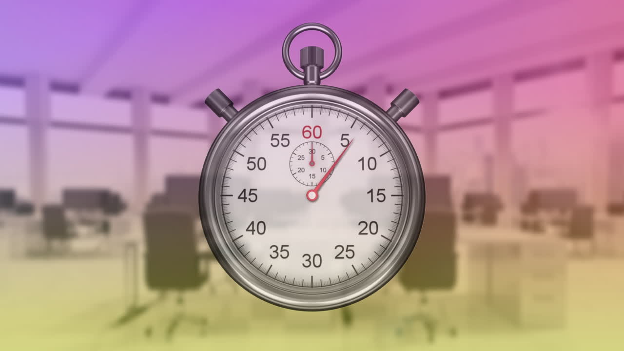 animación de reloj moviéndose sobre escritorios de oficina con computadoras