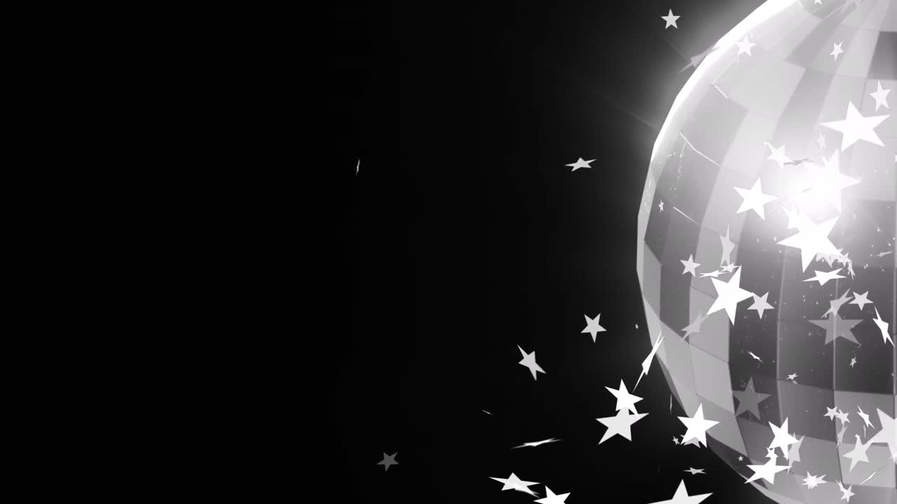 검은 바탕에  ⁇ 색 크리스마스 별과 회전하는 거울 공의 애니메이션