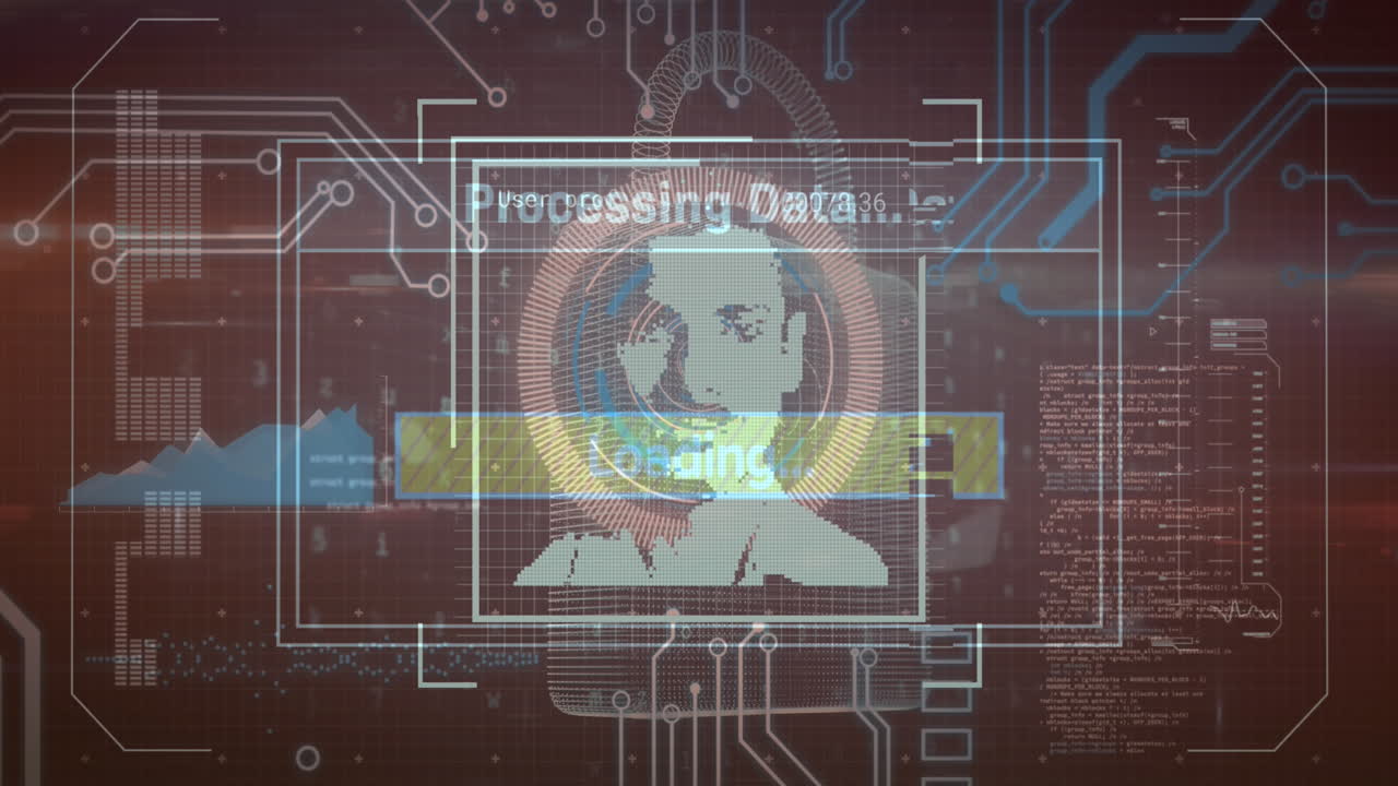 animación de los iconos de perfil cambiantes y la interfaz con el procesamiento de datos sobre fondo negro