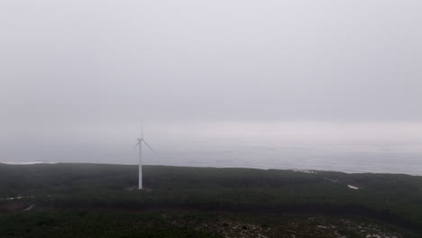 misty coastline with wind turbine