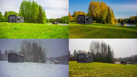 ilustraciones de cuatro estaciones con imágenes de cabaña junto al lago con sauna