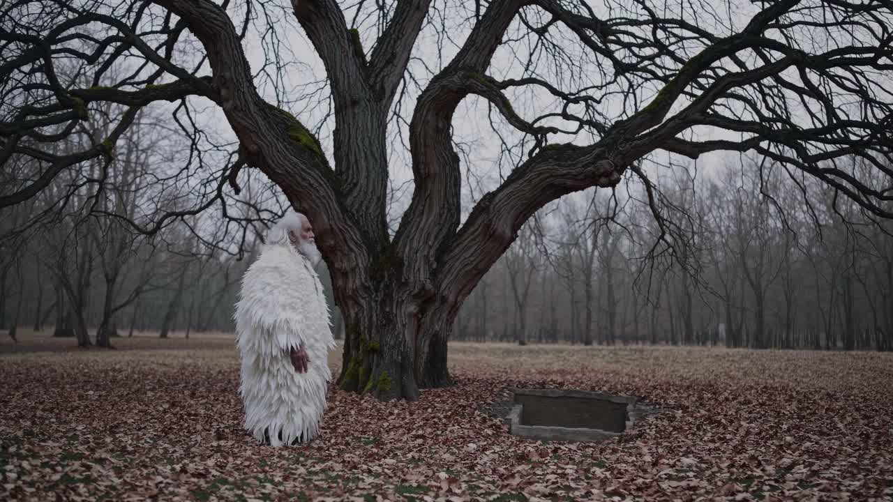 Senior shaman wearing white ritual feather costume performing ceremony in a forest next to a bare tree and a stone altar during a cloudy winter afternoon