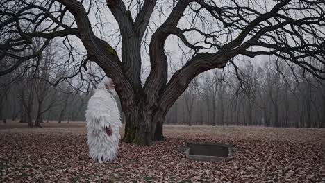 senior shaman wearing white ritual feather costume performing ceremony in a forest next to a bare tree and a stone altar during a cloudy winter afternoon
