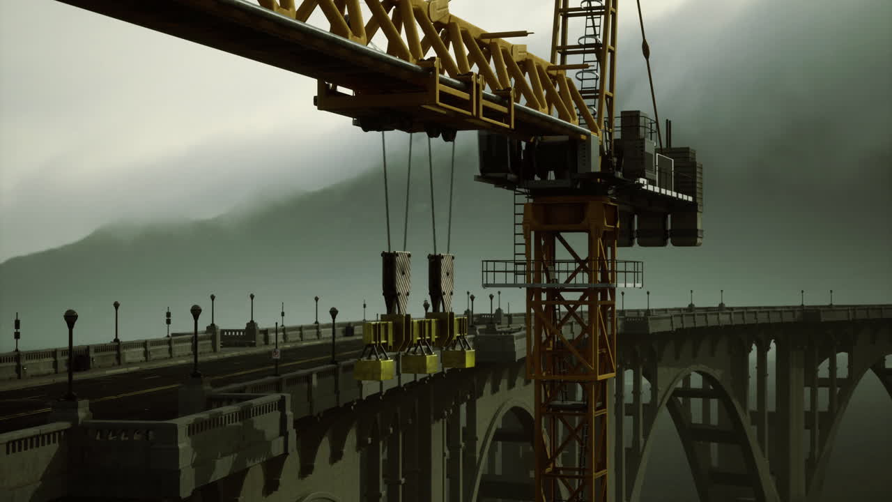 Construction of a grand bridge unfolds against a misty backdrop at dawn