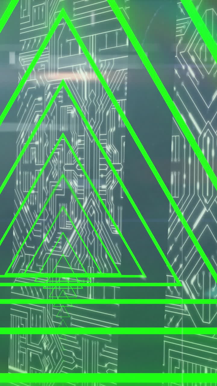 animación de formas geométricas de neón verde sobre el procesamiento de datos