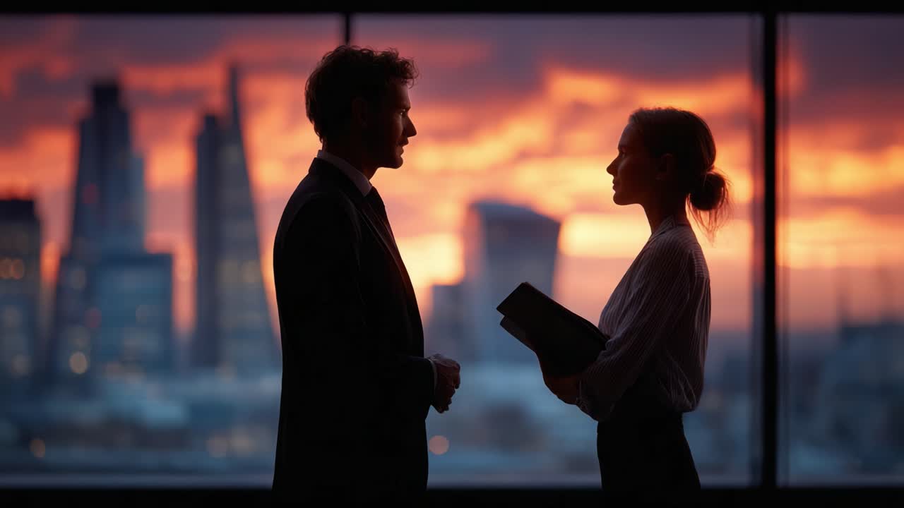 A Professional Encounter: Silhouettes of Two Business Individuals Engaging in a Conversation Against a Striking Sunset Backdrop